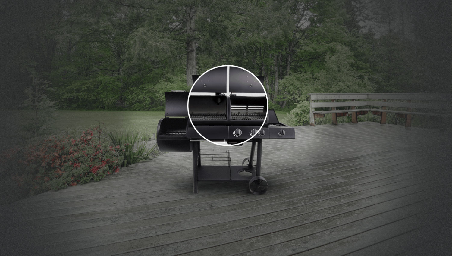 Separate cooking chambers for high-capacity smoking, charcoal grilling or gas grilling.